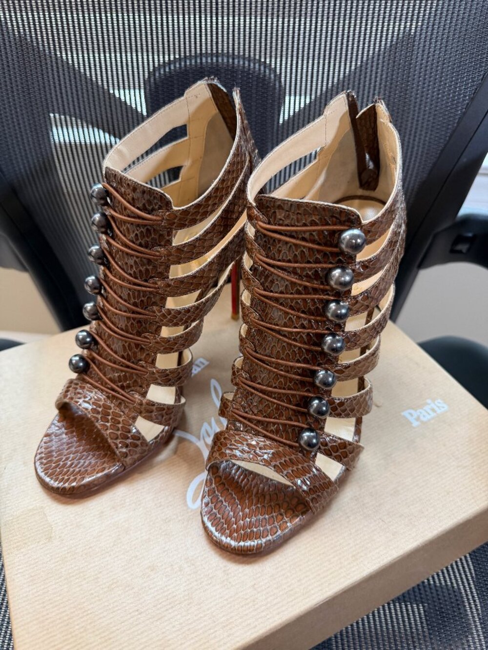 Christian Louboutin Denis 100 Cognac Cobra Snake Strappy Sandals Heels 38 Box